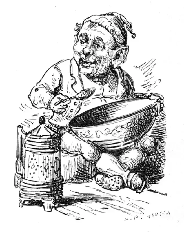 A black and white drawing of a man holding a bowl.