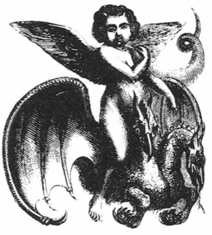 A black and white drawing of a person riding a dragon