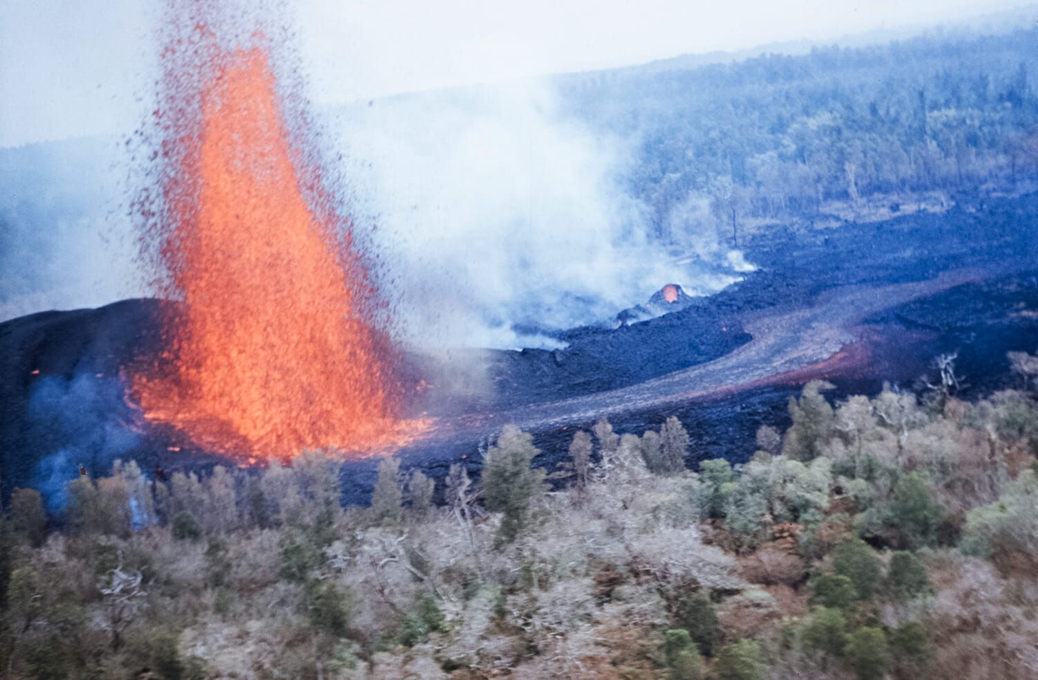 An aerial view of a volcano erupting in the middle of a forest.