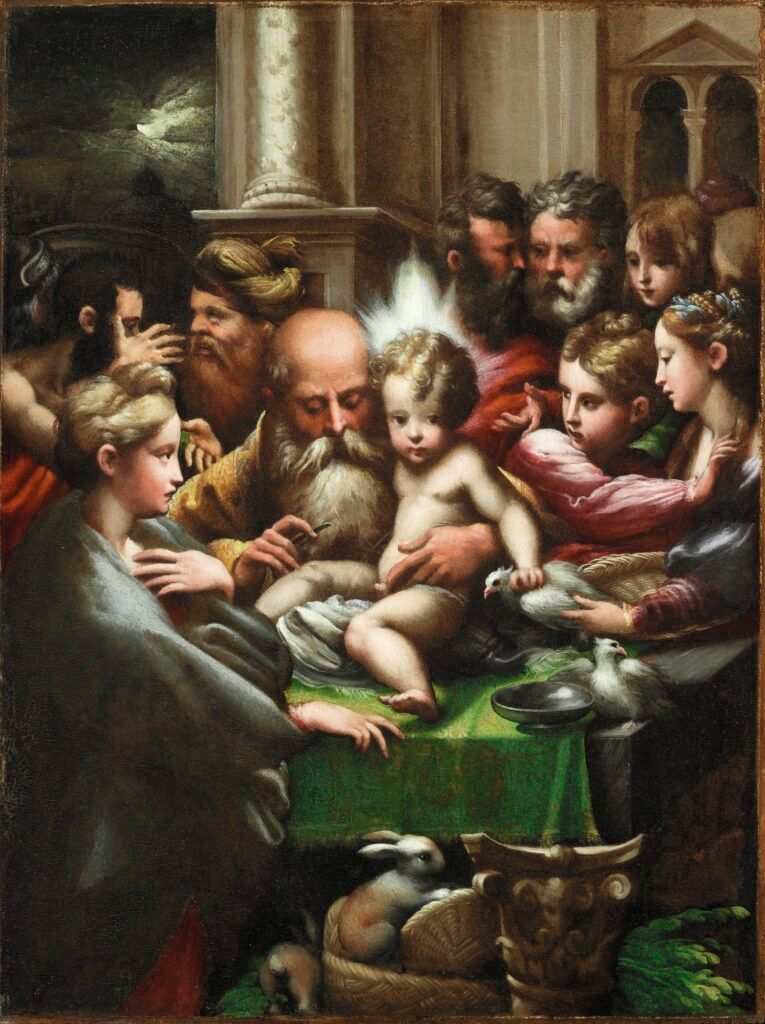 A group of people are gathered around a baby in a painting