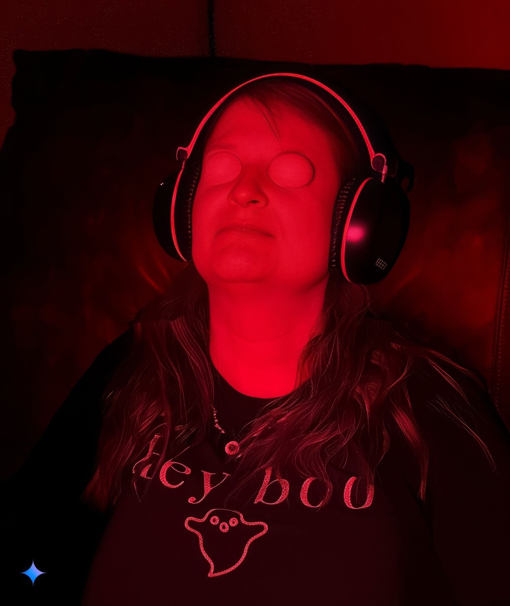 My sister Allison Jornlin with ping pong balls over her eyes, doing a Ganzfeld experiment