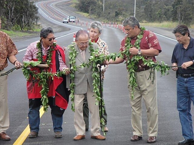 A group of men wearing lei are standing on the side of a road