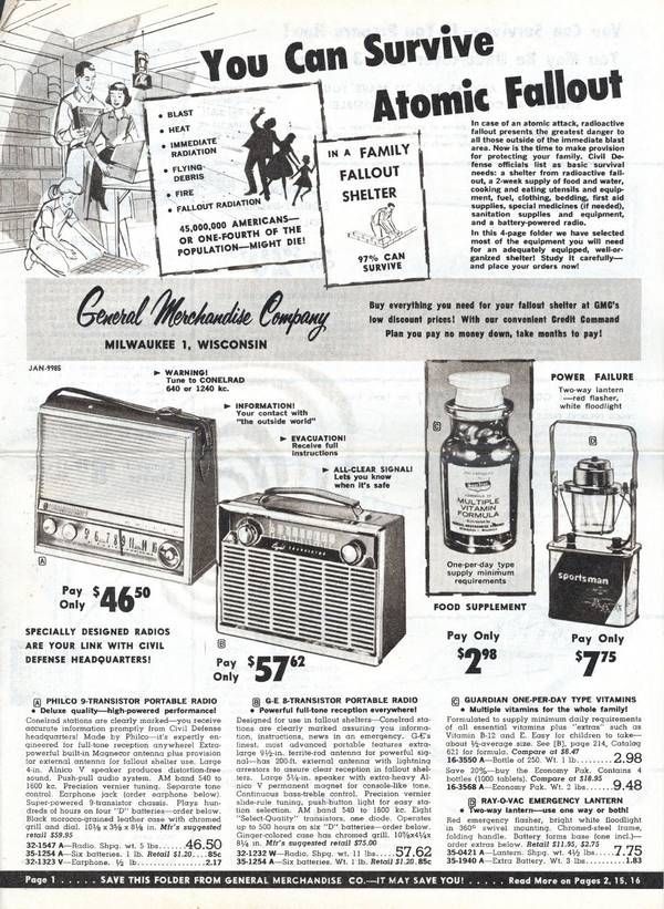 A black and white advertisement for atomic fallout radios and lanterns.