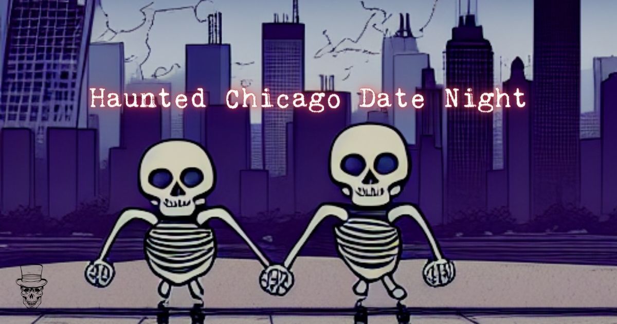 Two skeletons holding hands in front of a haunted chicago date night sign