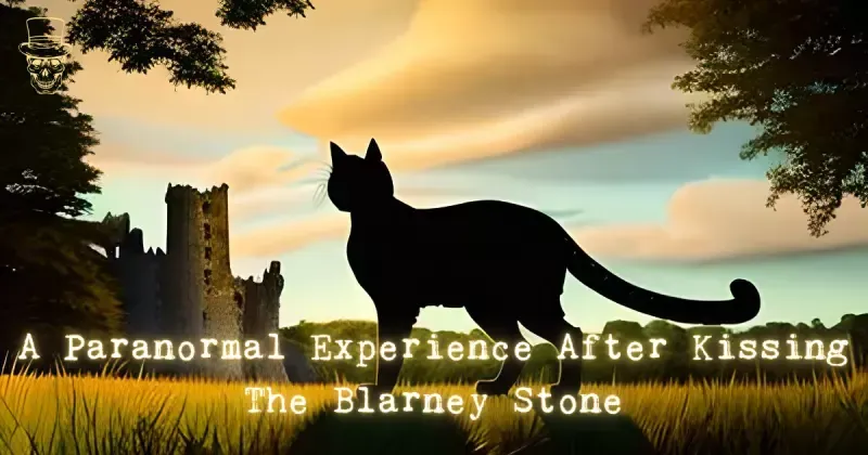 A silhouette of a cat in a field with the words a paranormal experience after kissing the blarney stone