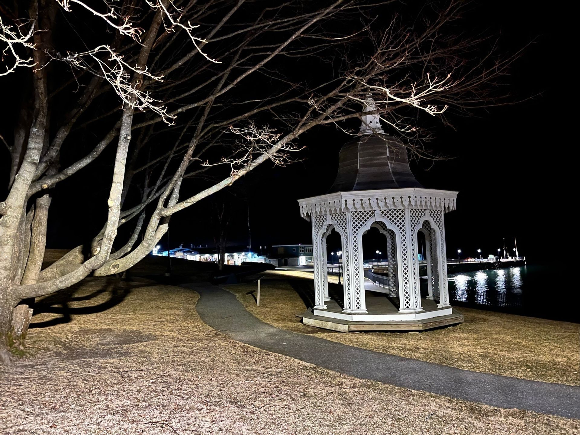 A gazebo is lit up at night in a park