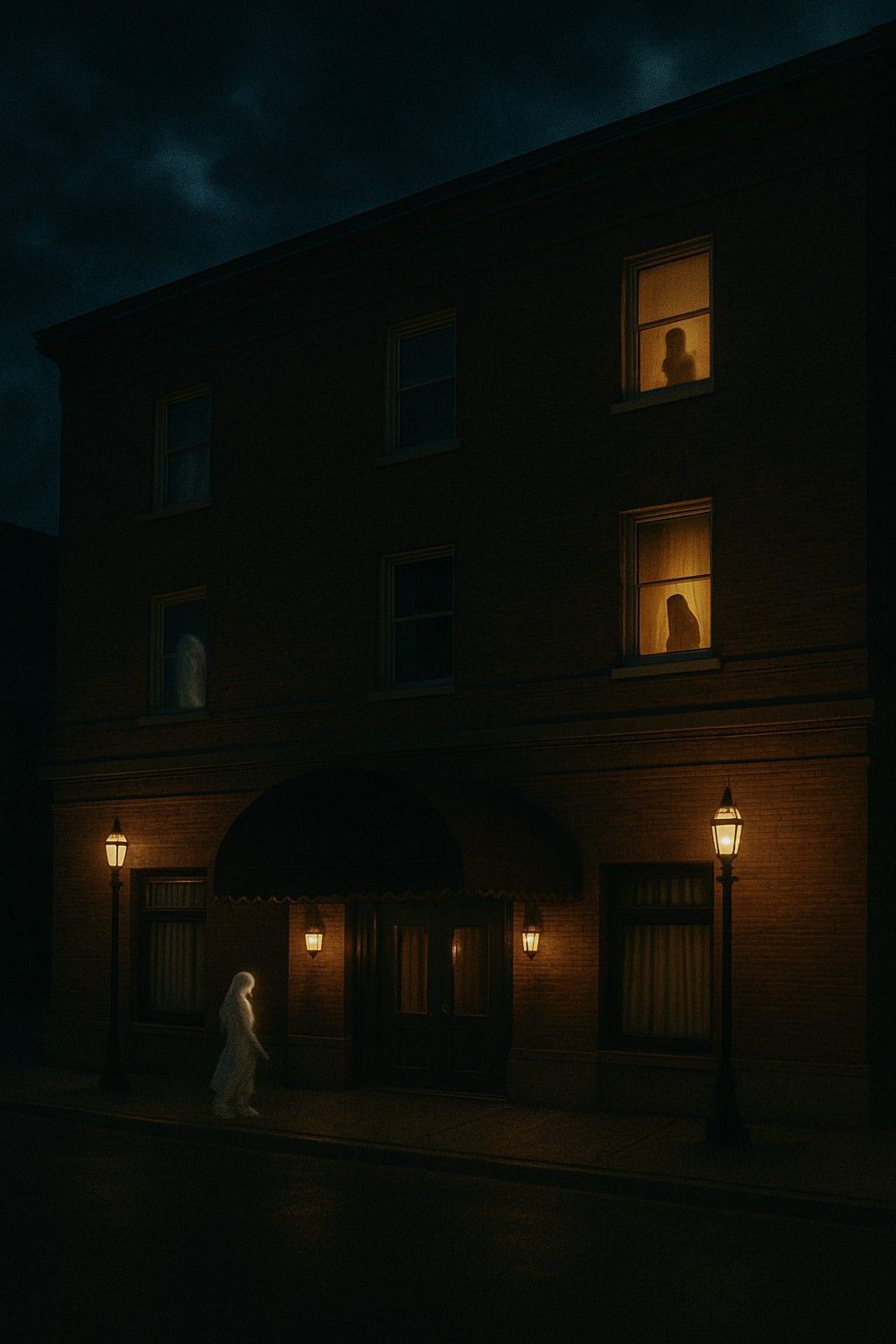 A ghost is walking down the street in front of a building at night