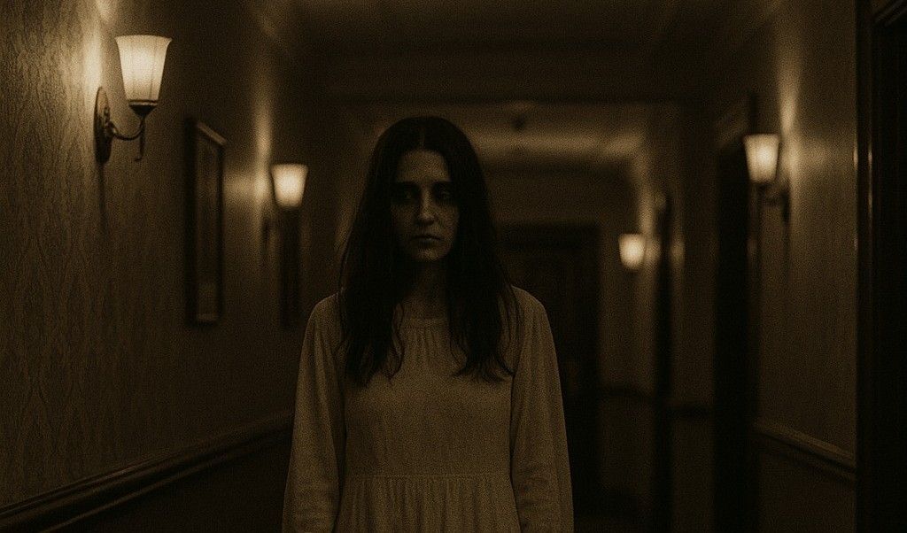 A woman in a white dress is standing in a dark hallway