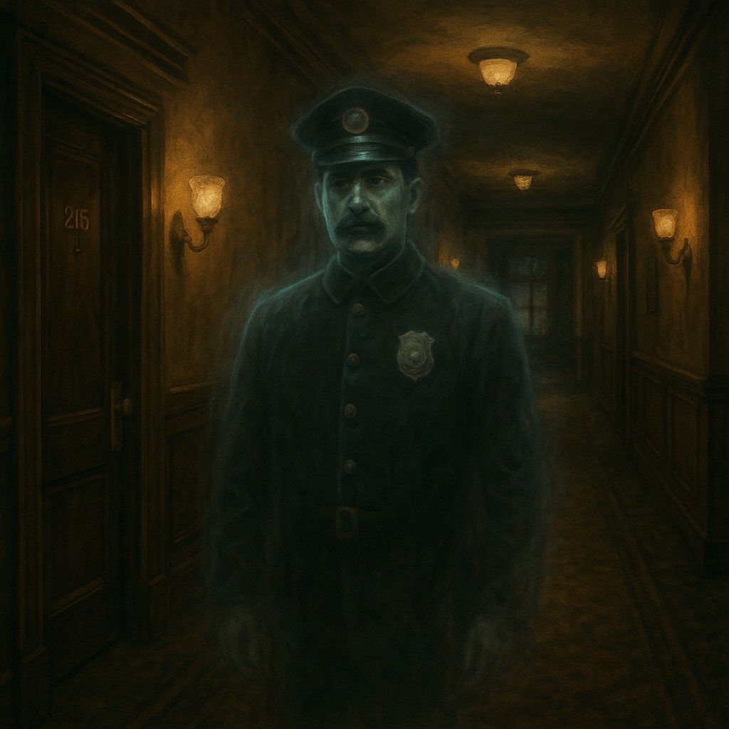 Flikr: DBPerko A ghost of a police officer is standing in a dark hallway