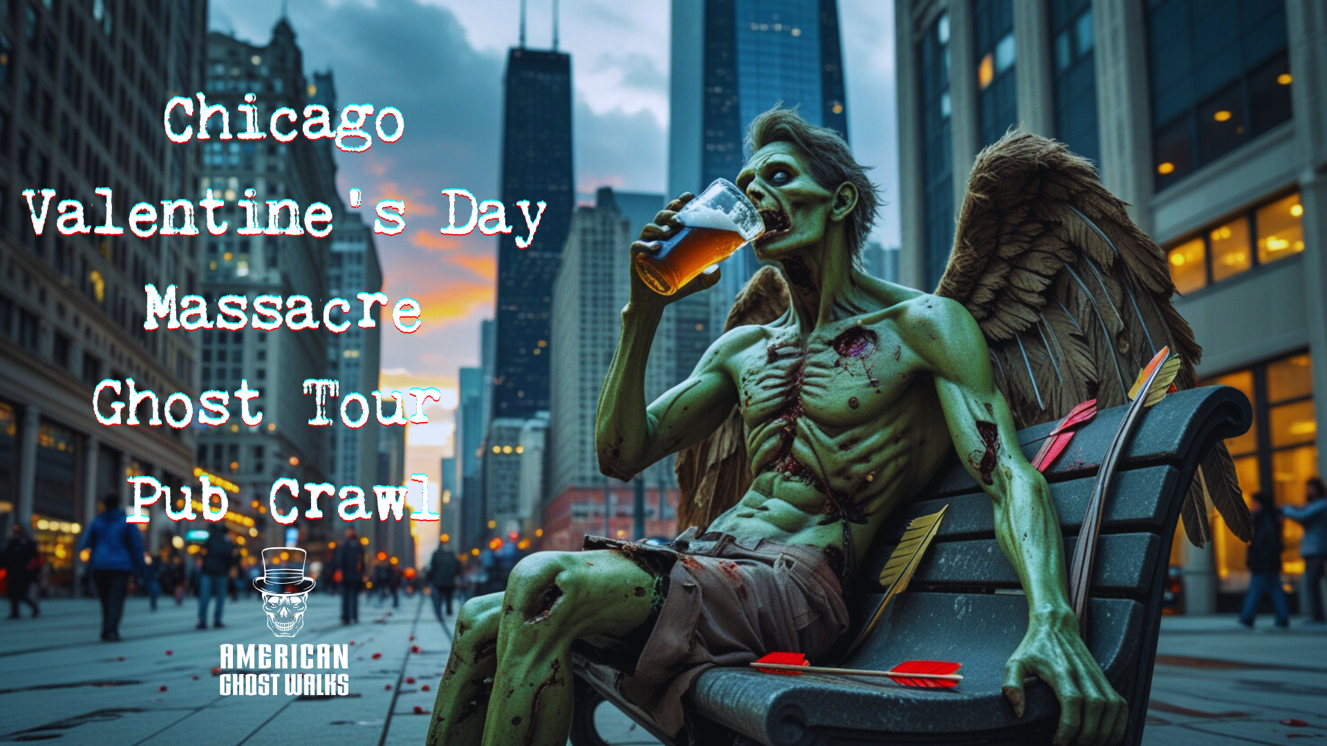 A statue of a man with wings is sitting on a bench drinking a beer.