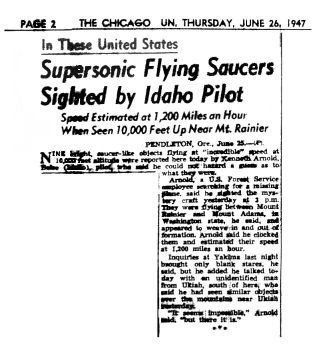 Chicago Sun article about Kenneth Arnold sighting June 26, 1947