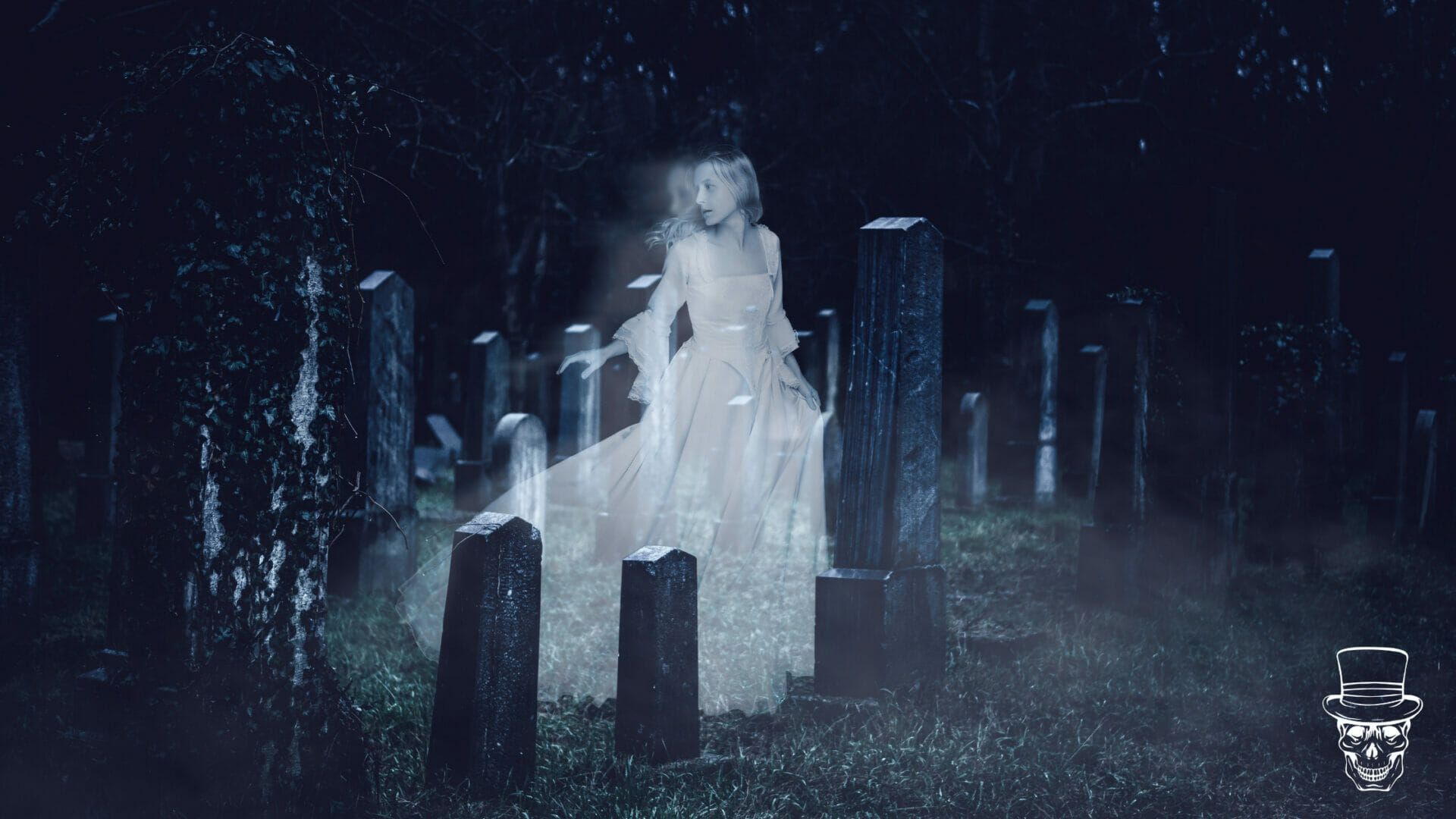 A ghost in a white dress is standing in a cemetery at night.