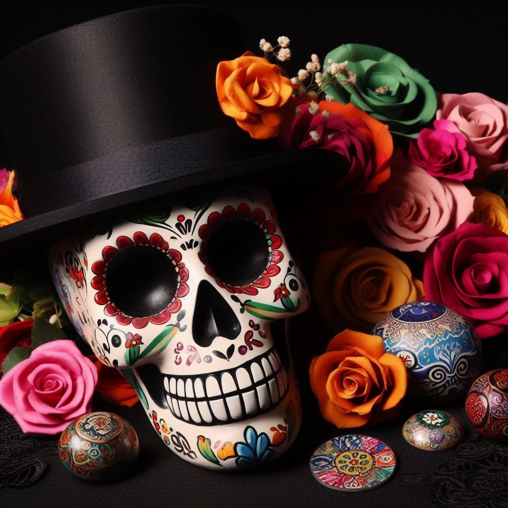 A sugar skull wearing a top hat surrounded by flowers