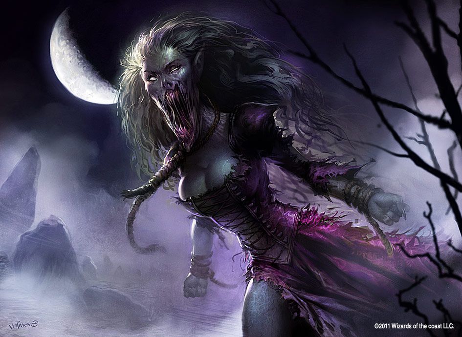 A painting of a witch with a crescent moon in the background.