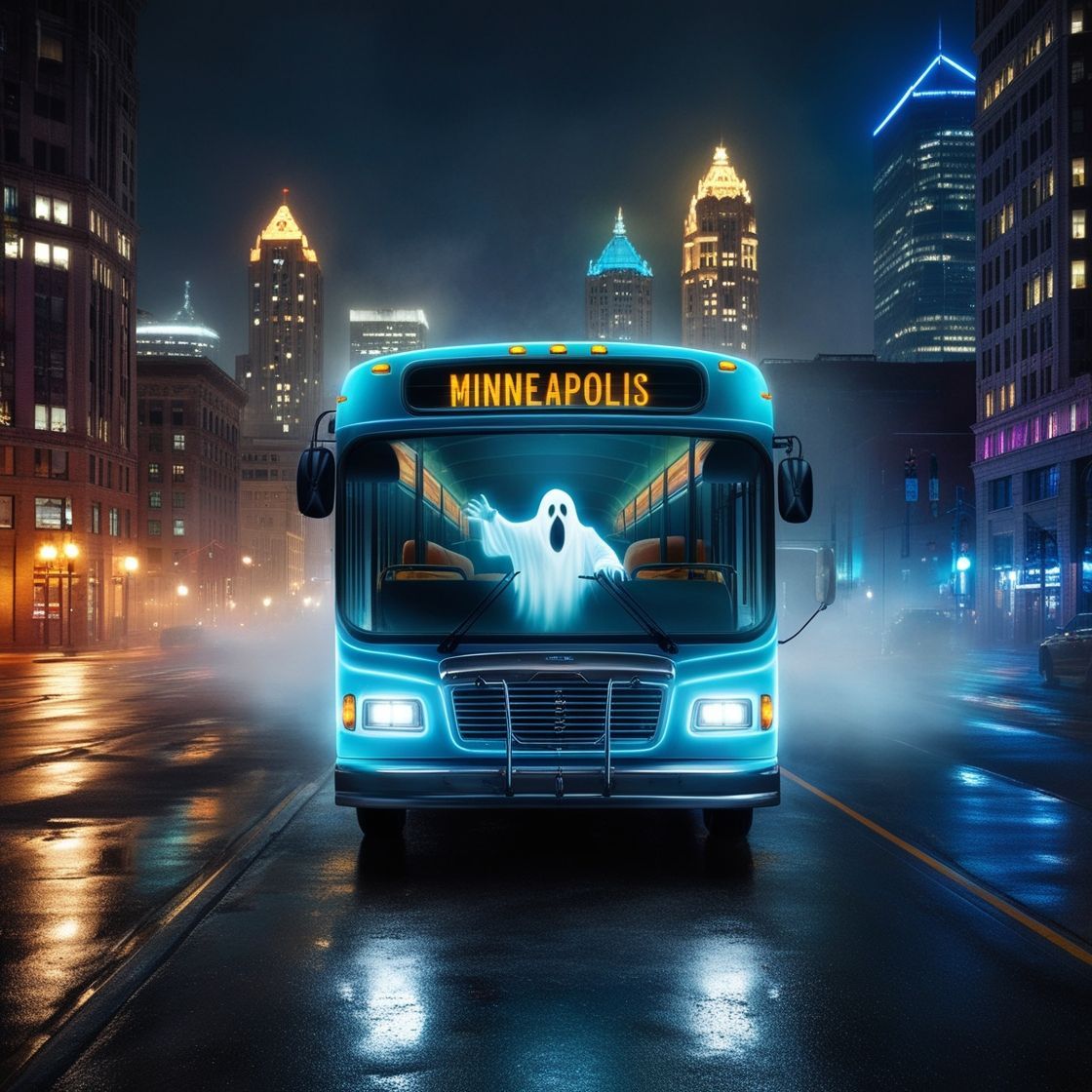 A blue minneapolis bus with a ghost on the front