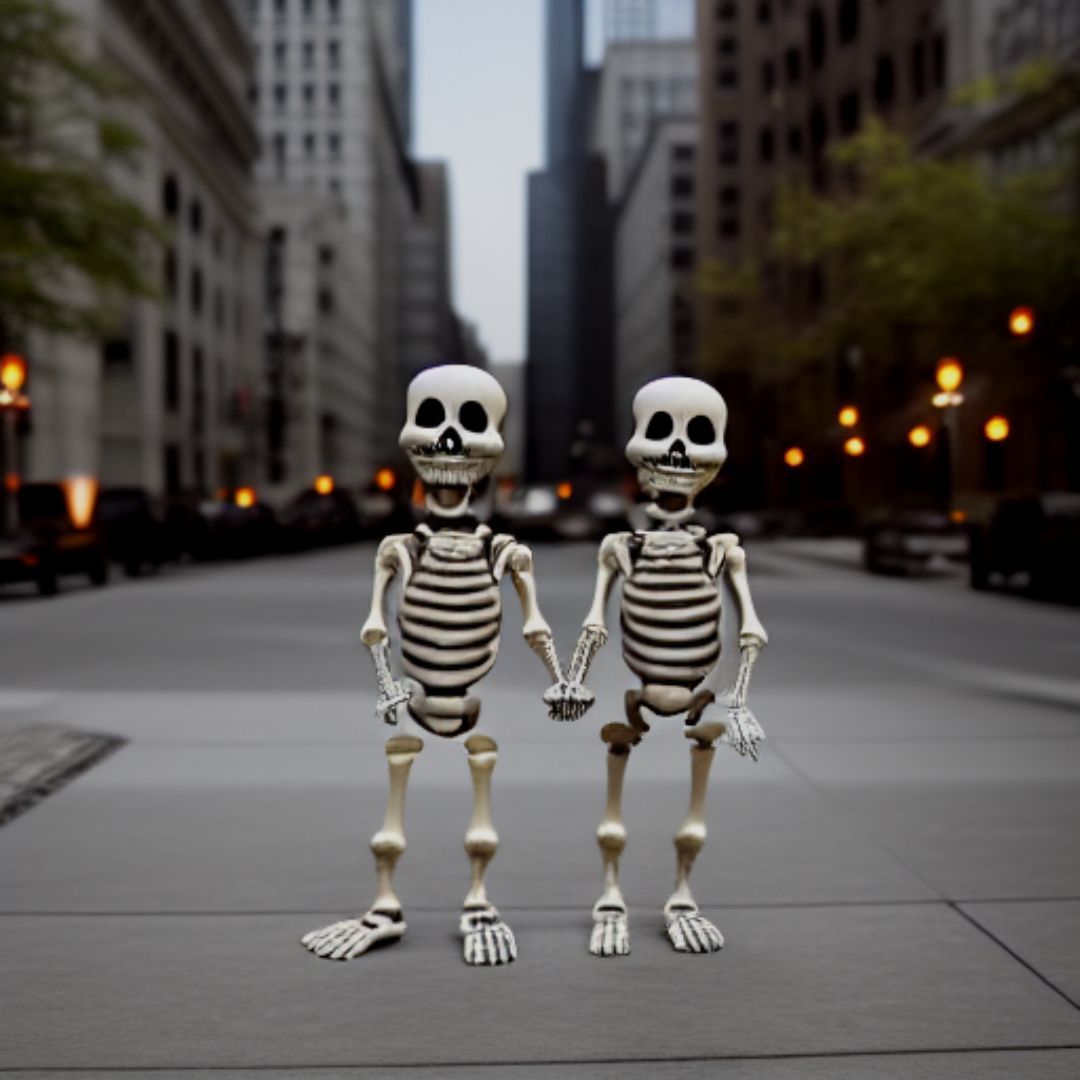Two skeletons holding hands in downtown Chicago
