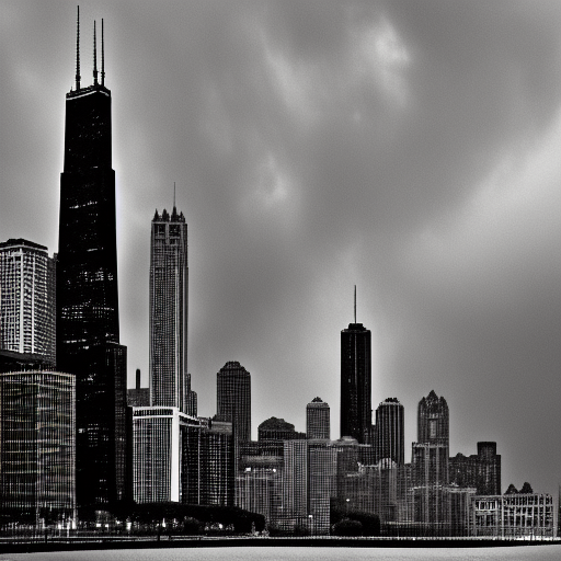 Chicago skyline in black and white, with tall skyscrapers under a cloudy sky.