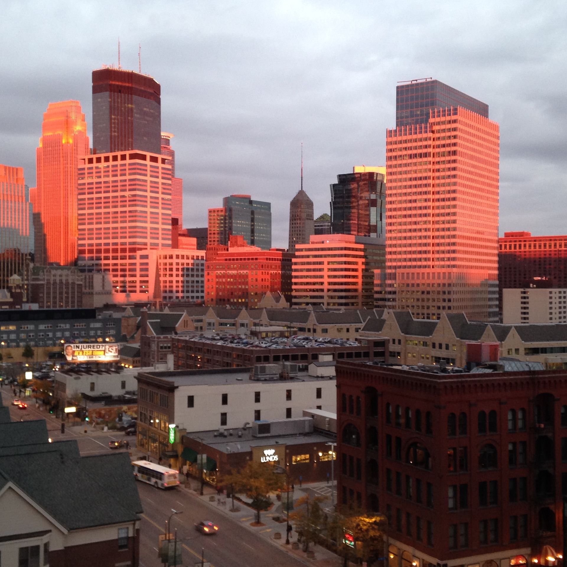 Downtown Minneapolis Ghost tour sunset shot