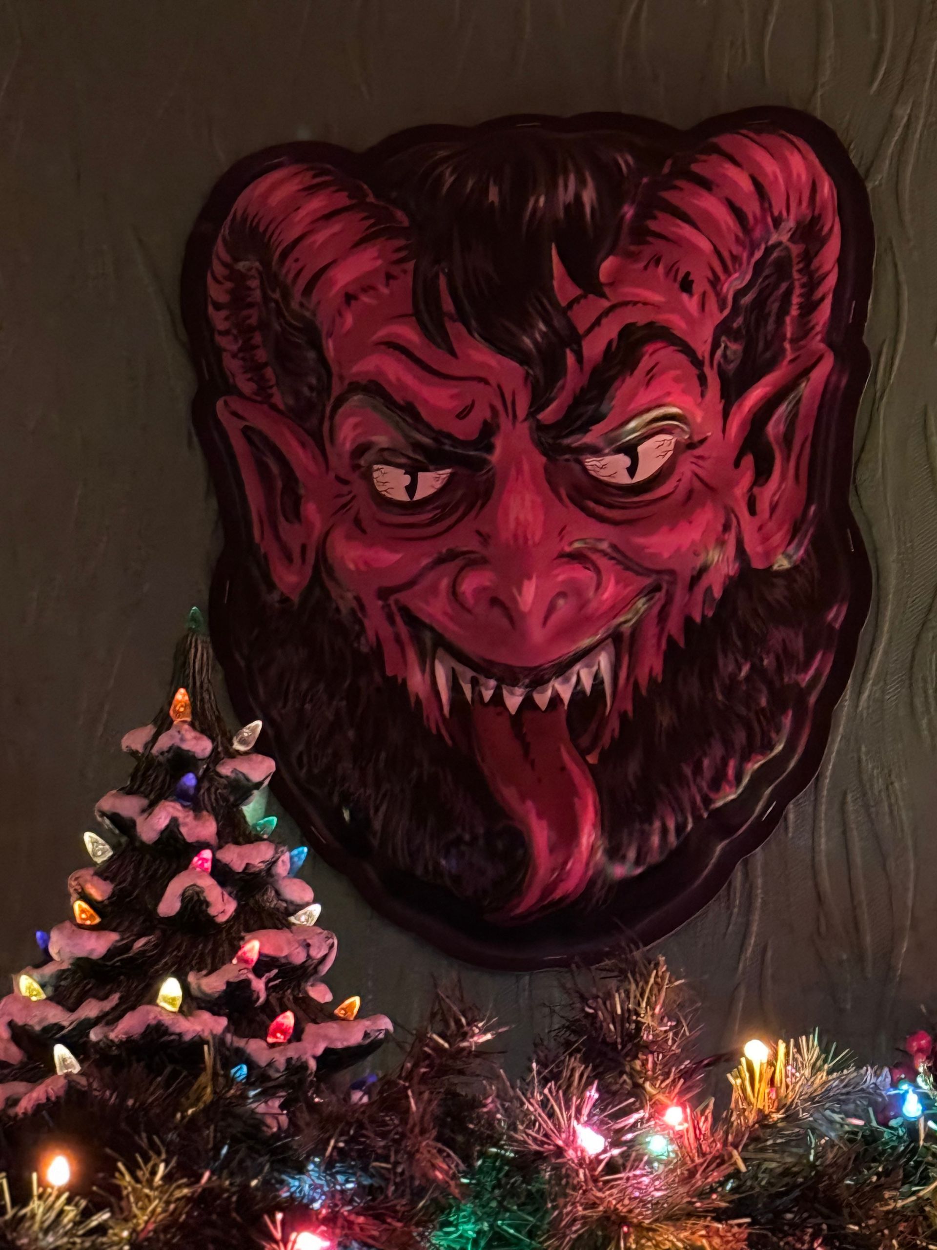 A Krampus decoration at the bar at Christmastime at Mickey's Tavern
