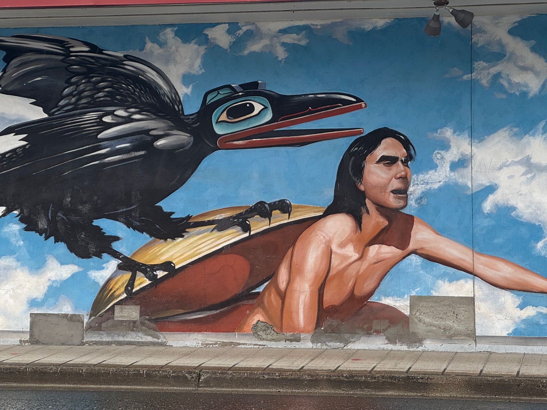 A painting of a man with a bird on his back