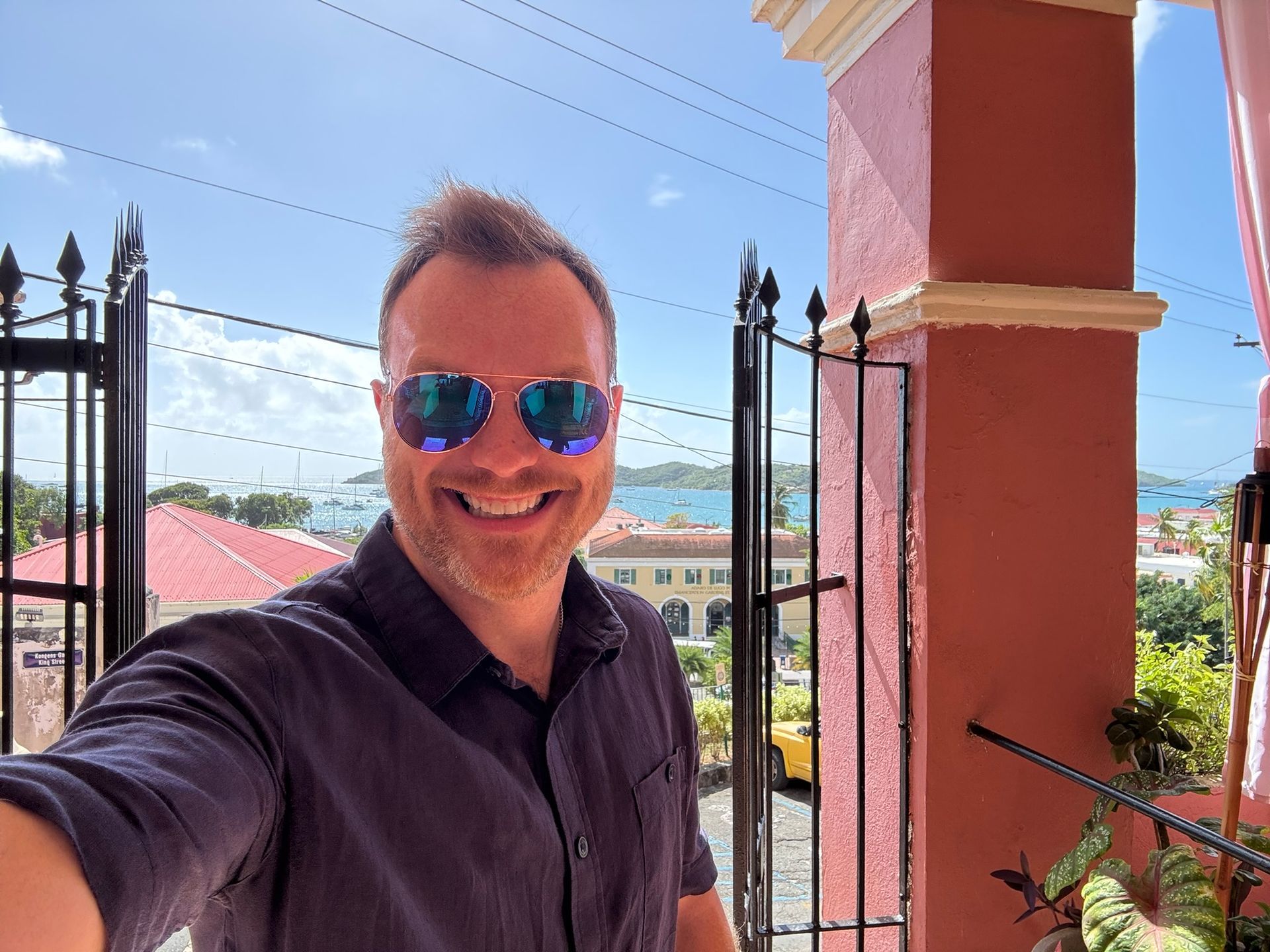 Mike Huberty standing at the entrance to Hotel 1829 in Charlotte Amalie, St. Thomas, USVI