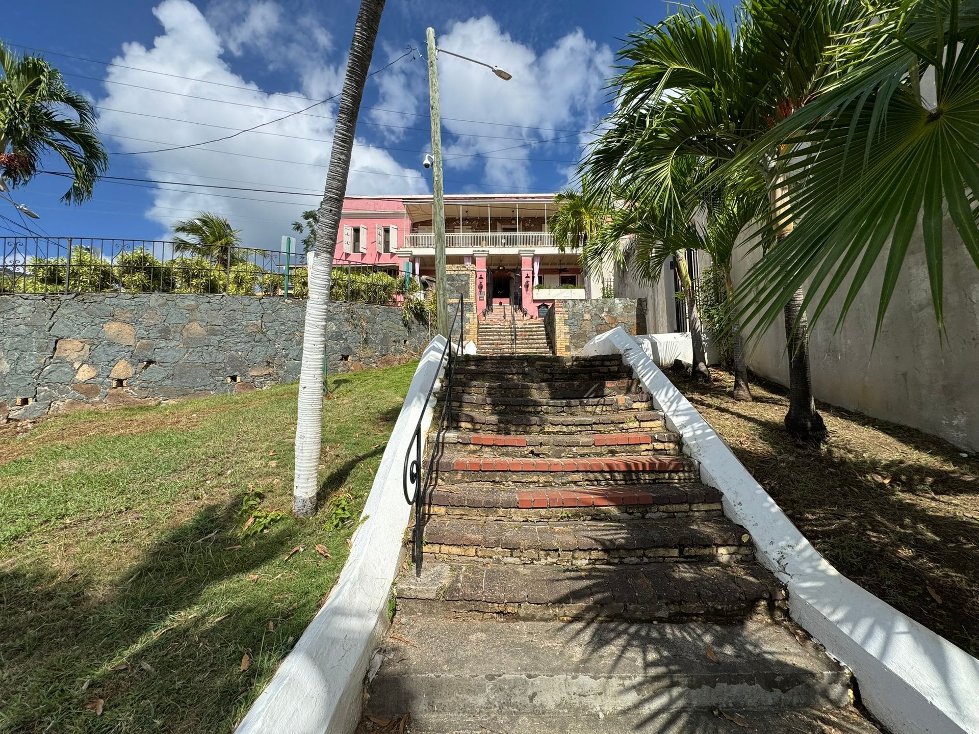 View of Hotel 1829 from the bottom of one of St. Thomas' famous step streets