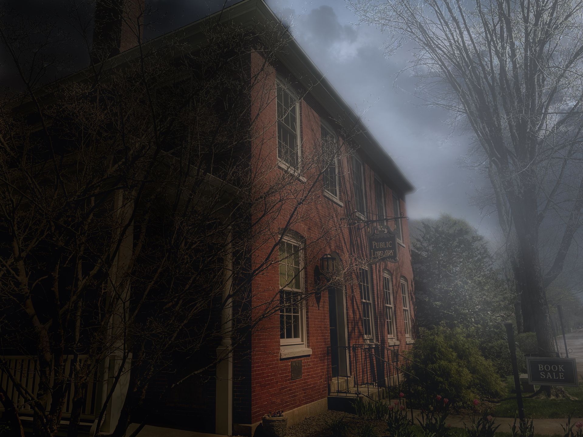 A brick building with a foggy sky in the background