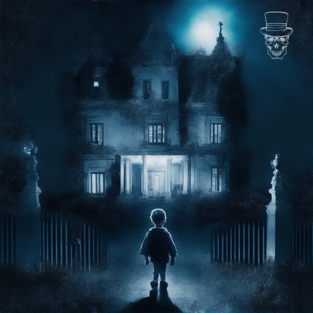 A boy in a top hat stands in front of a haunted house