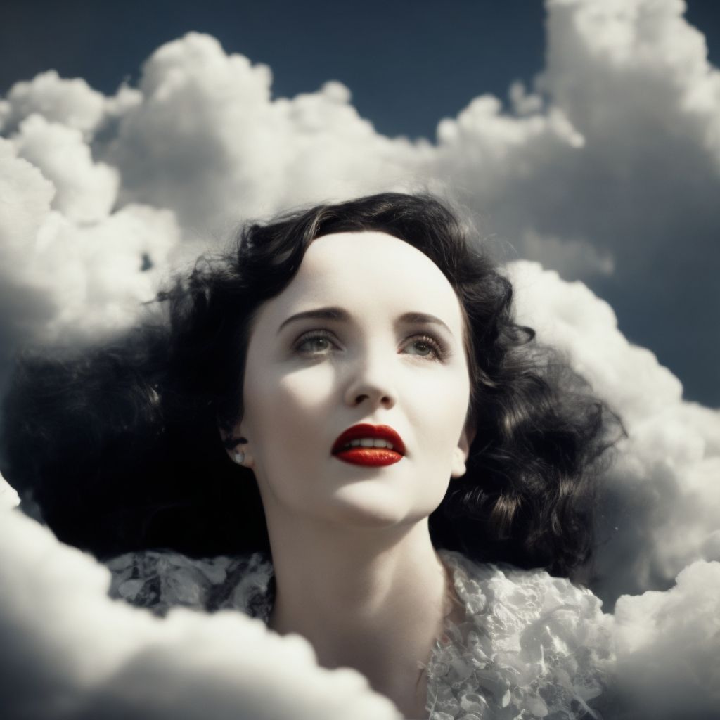 A woman with red lips is standing in the clouds