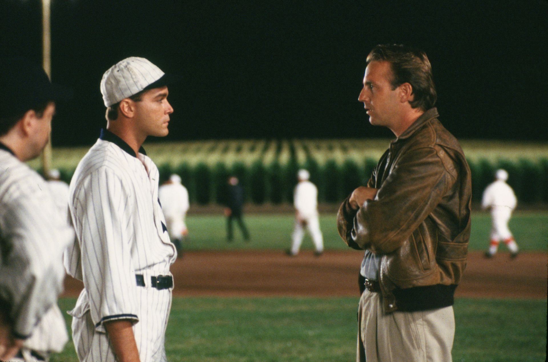 Kevin Costner and Ray Liotts in a publicity still from Field of Dreams