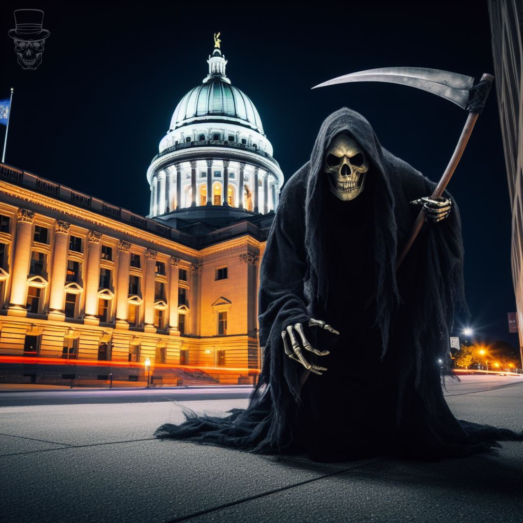 A grim reaper with a scythe in front of the capitol building