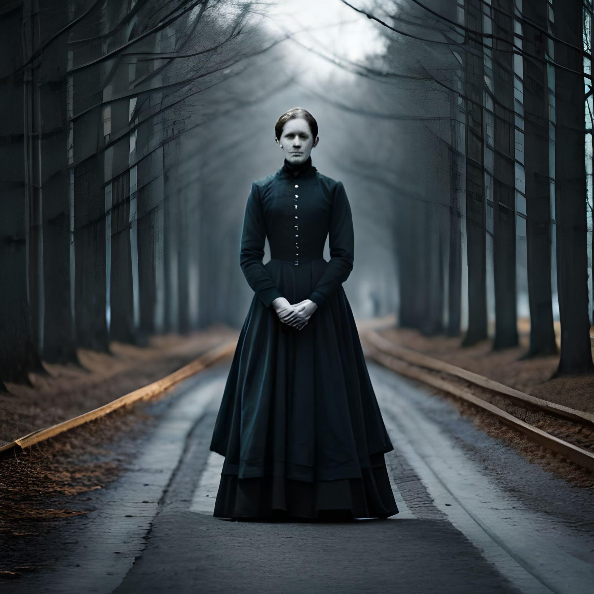 A woman in a long black dress is standing in the middle of a forest