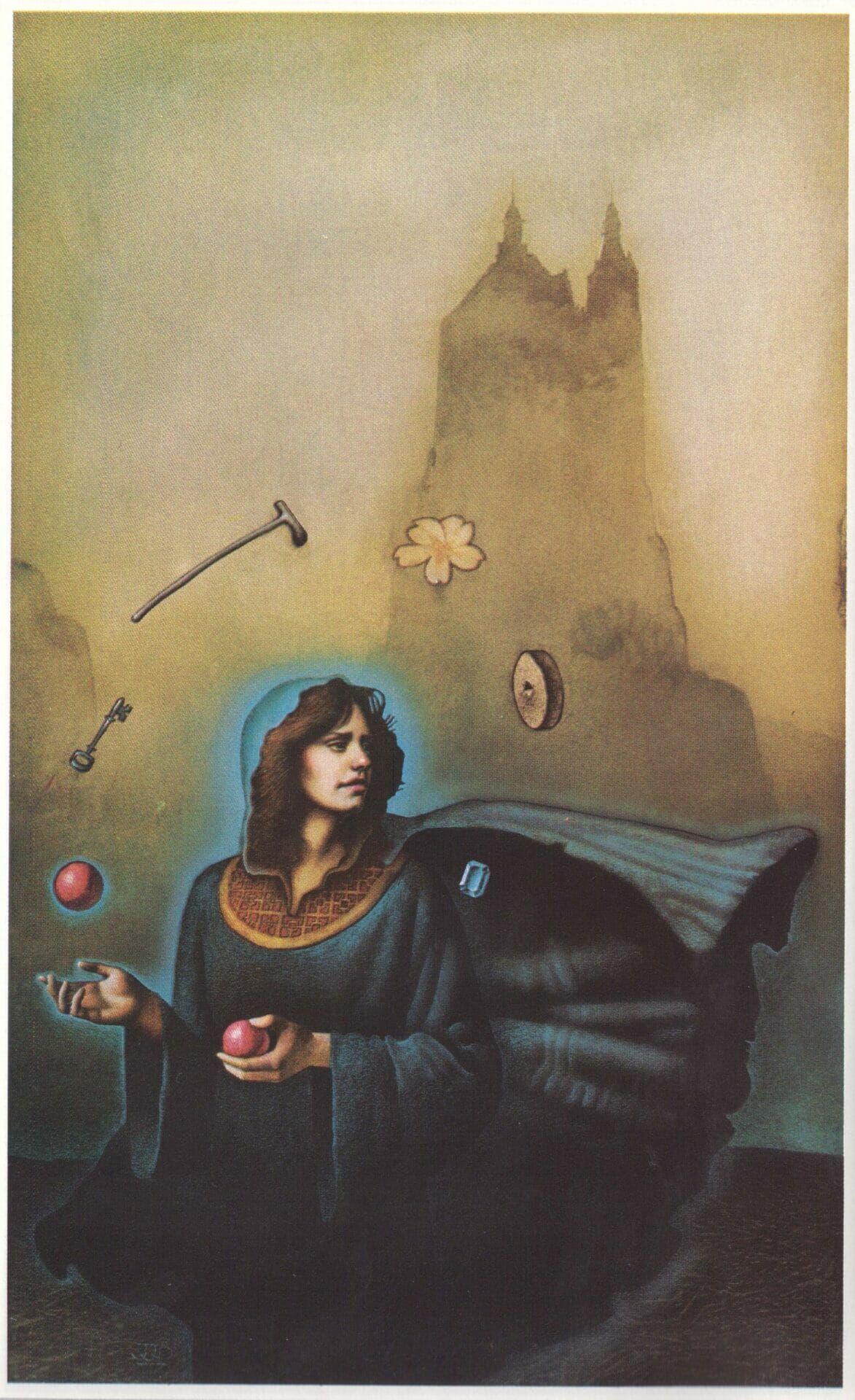 A painting of a woman holding an apple in front of a castle.