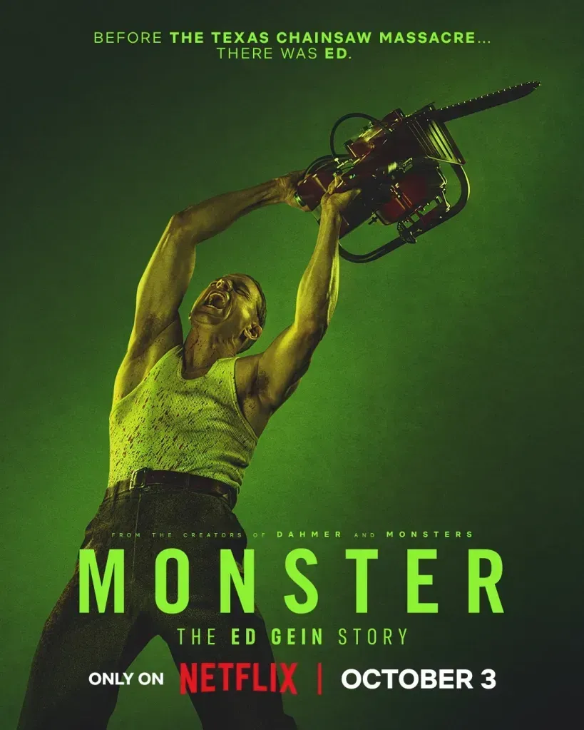 Ed Gein wielding a chainsaw in a Netflix poster