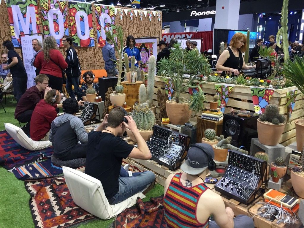 A group of people are sitting on the grass in front of a display of potted plants.