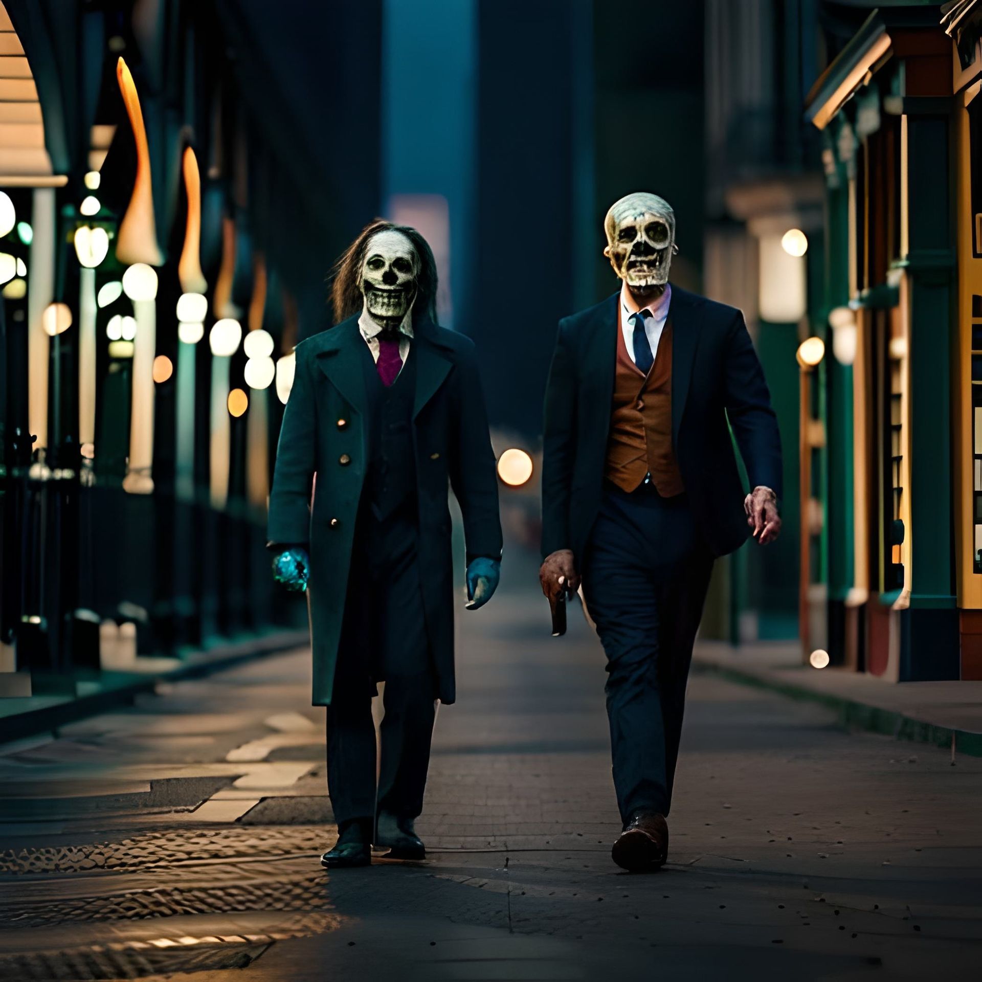 Two people with skeleton faces walk down a dark street