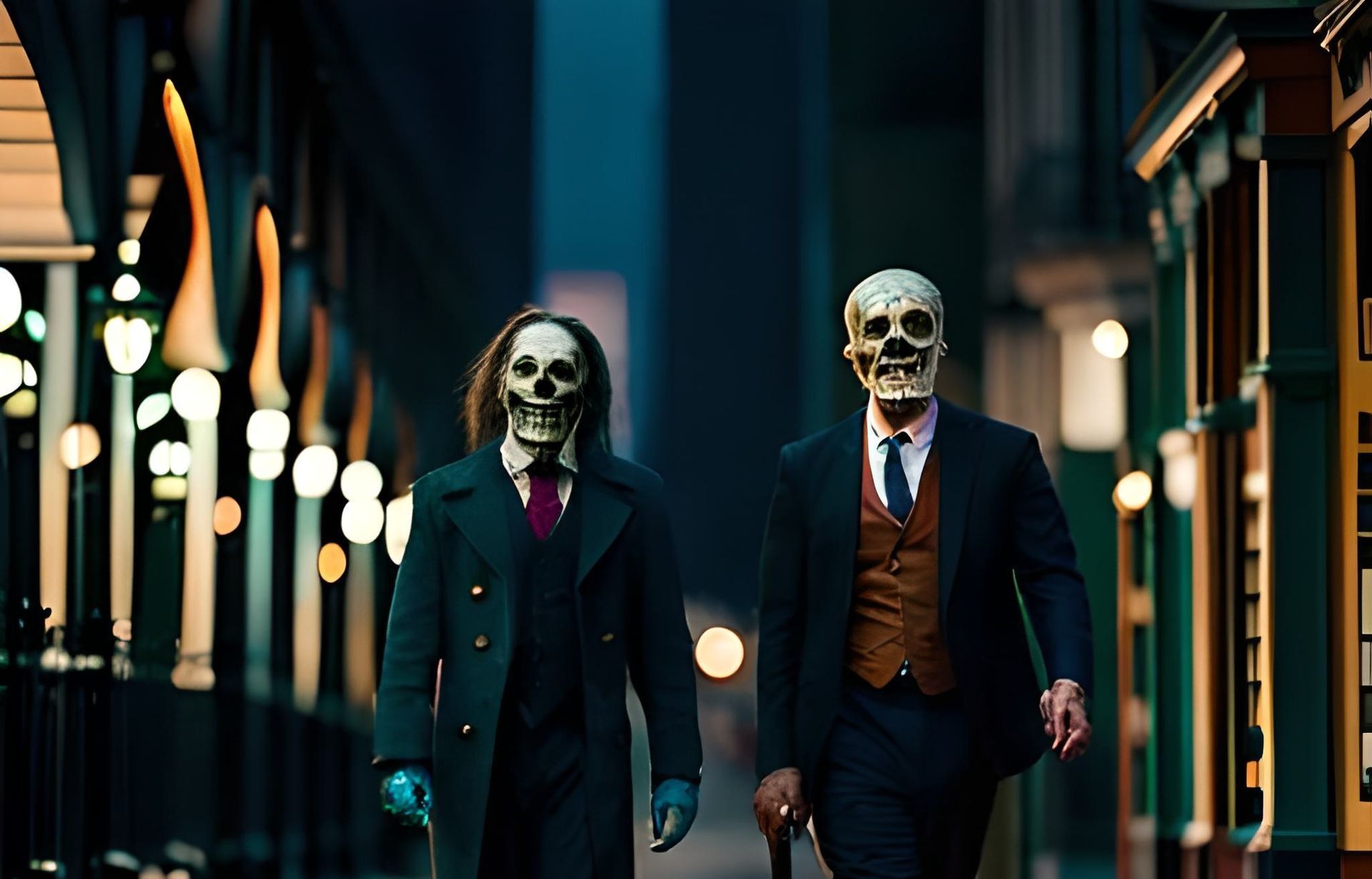 Two people in suits with skull masks