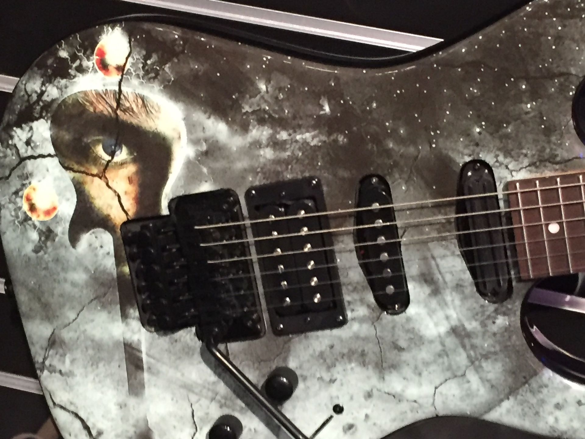 A guitar with a picture of a cat on it