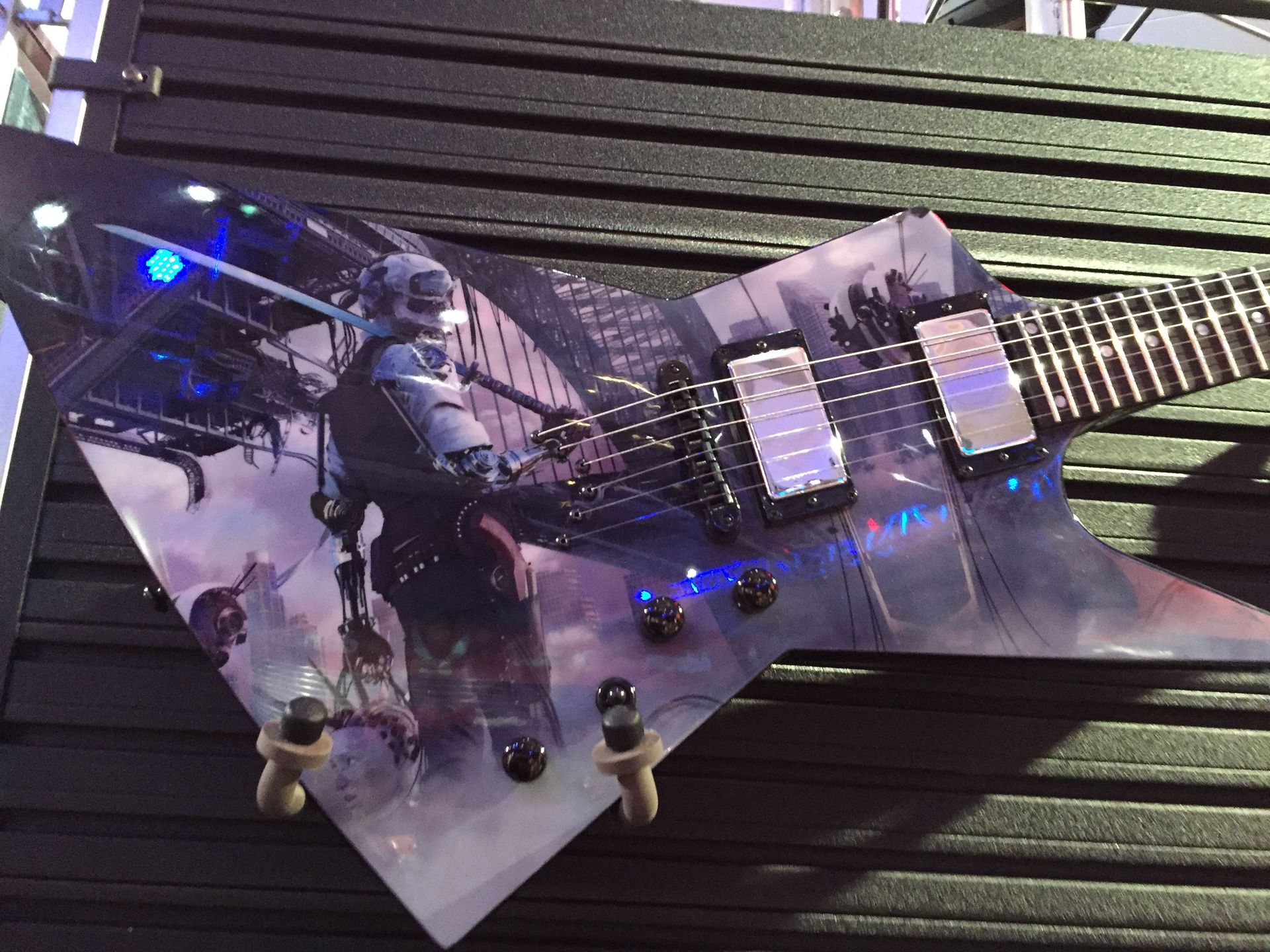 A guitar with a picture of a storm trooper on it