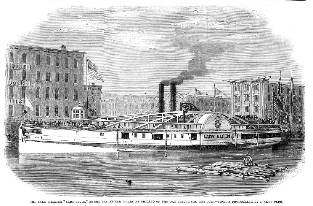 A black and white drawing of a steamboat in the water with buildings in the background.