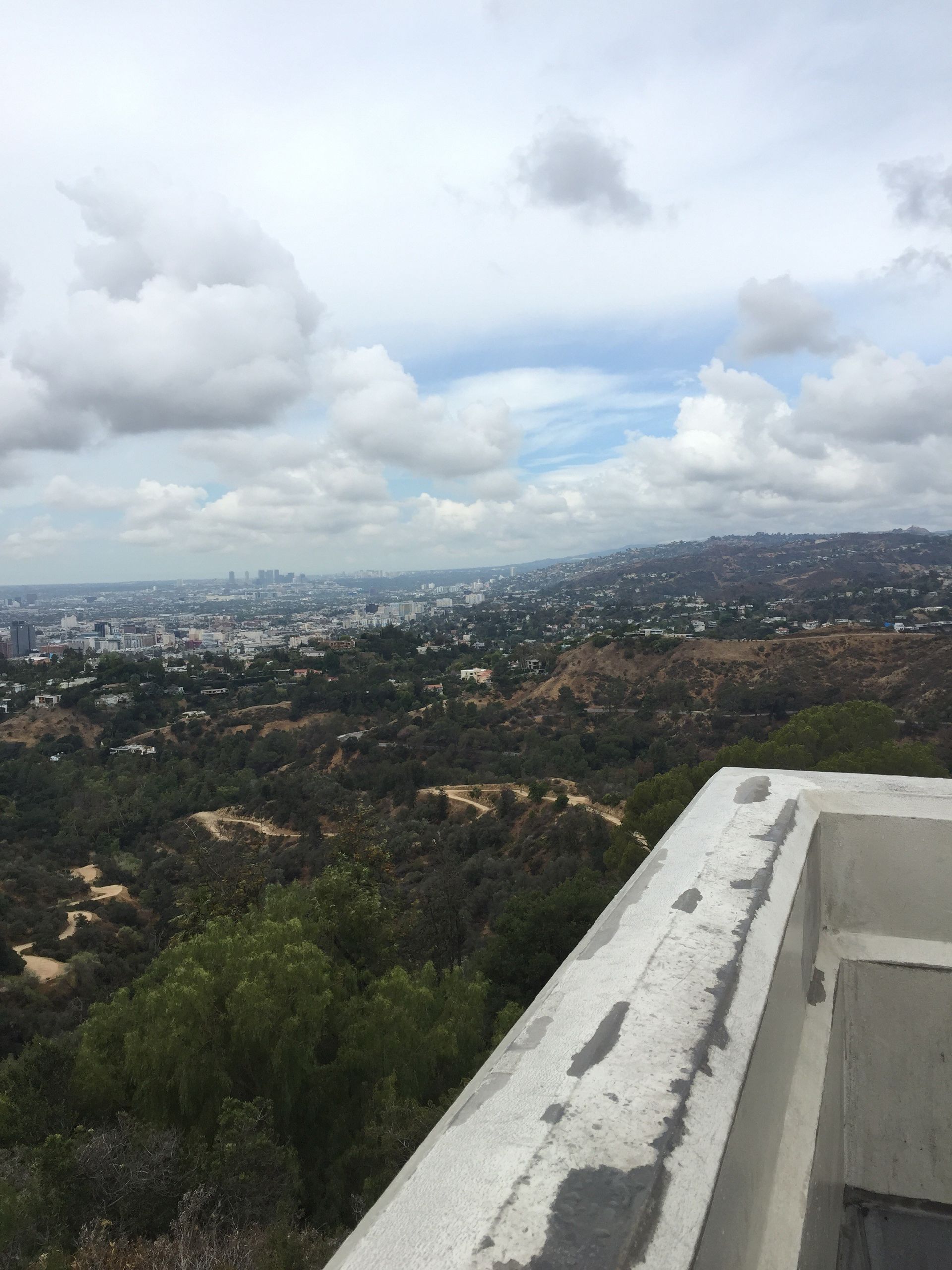 A view of a city from a balcony overlooking a forest.