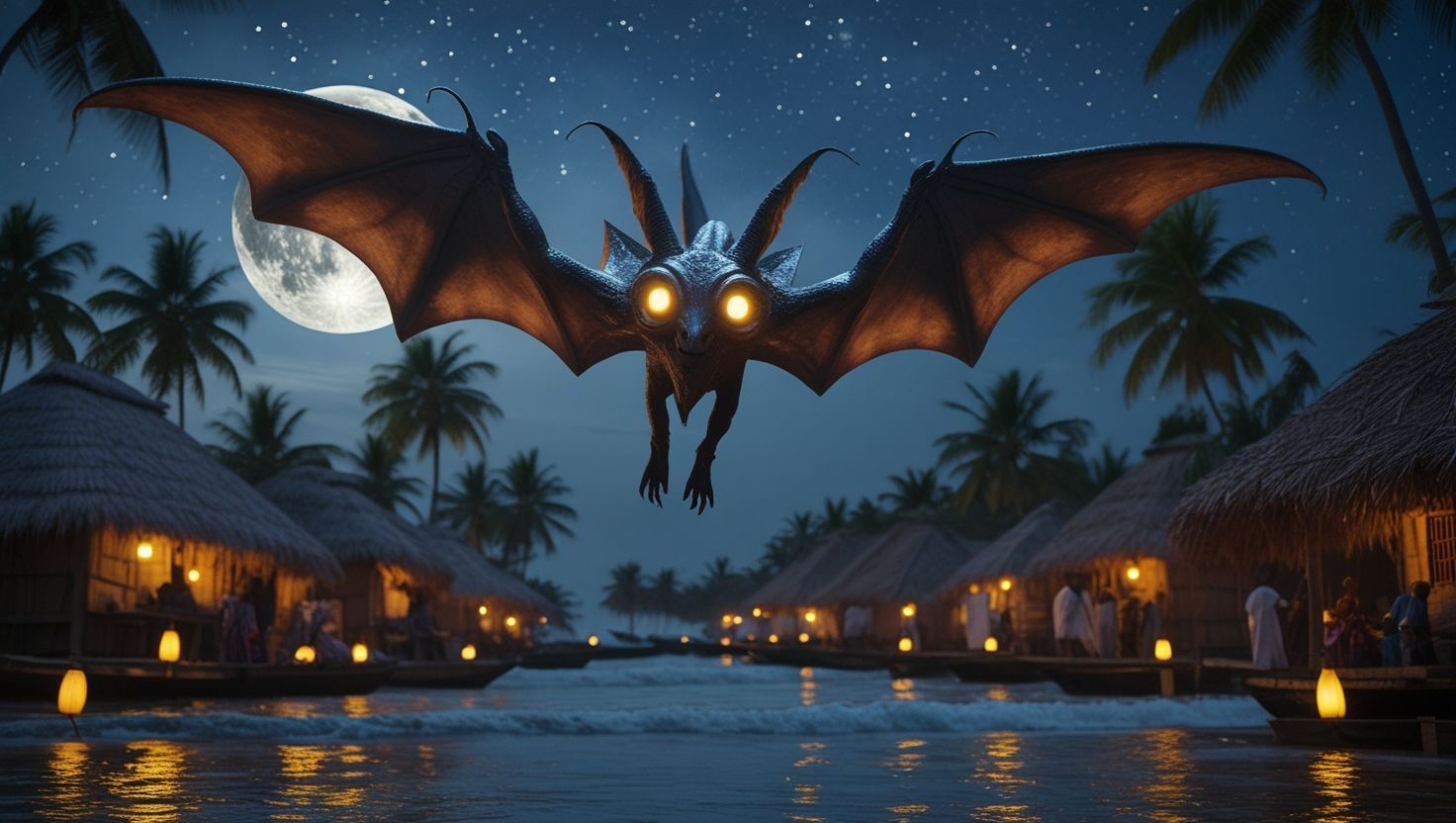 An artistic rendition of a Popobawa flying through a Zanzibar village
