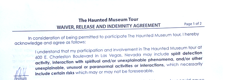 The haunted museum tour waiver release and indemnity agreement