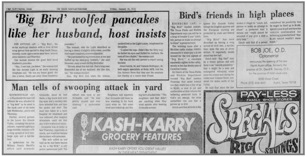 A newspaper article about big bird wolfed pancakes like her husband