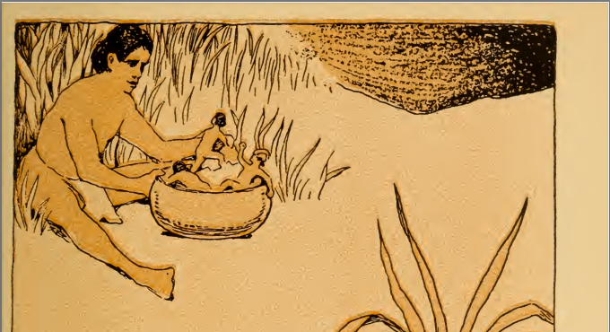 A drawing of a man sitting in the grass with a bowl