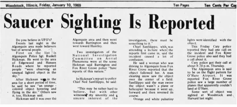 Daily Sentinel Woodstock, IL Jan 10 1969 Saucer Sighting is Reported