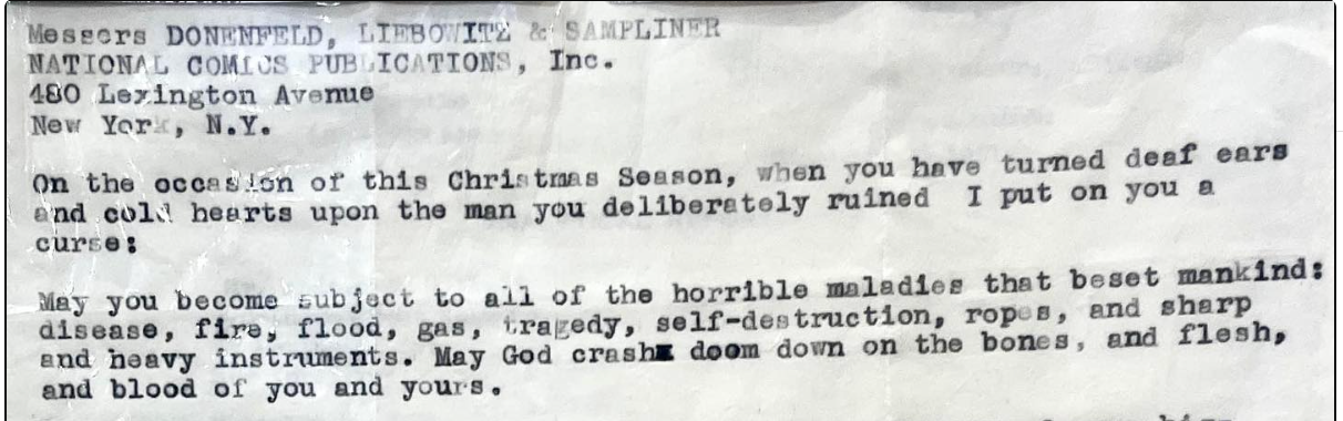 The 1951 curse letter from Jerry Siegel to Harry Donenfeld & Jack Liebowitz