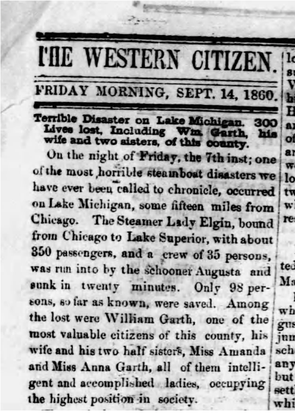 Western Citizen newspaper headline talking of a Kentucky local that died in the sinking of the Lady Elgin