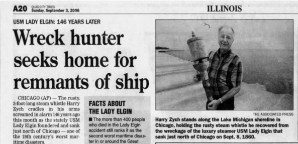 Newspaper article about finding a home for the remnants of the Lady Elgin with shipwreck salvor Harry Zych