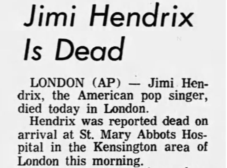 Jimi Hendrix Death Headline Jackson Sun